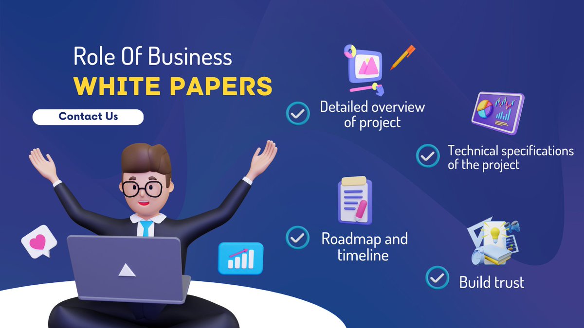 What is role of business <a href="/whitepaper/">wp🧩</a>?

White papers are considered a strong component in @contentmarketing
•Detailed overview of project
•technical specifications 
•Advantages of the project
•Roadmap  
•Team Details
•Terms and conditions of the sale
•Build trust