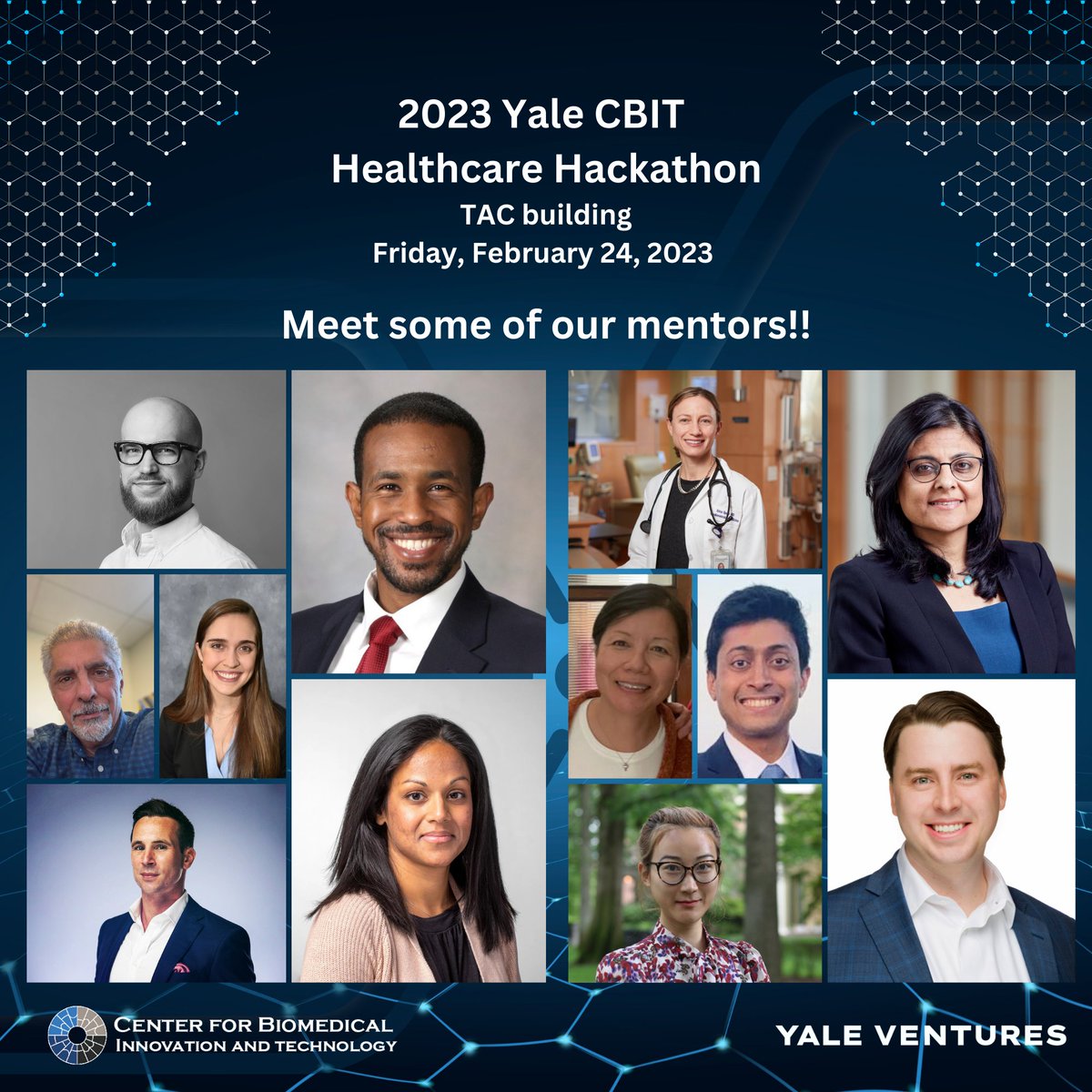 YCbit's tweet photo. @YaleCBIT 
Yale CBIT Healthcare Hackathon has some amazing people open to mentoring participants on their ideas and solutions. Here are just some of the mentors that will be at this year's hackathon this weekend! https://t.co/X6H1zE5yfj