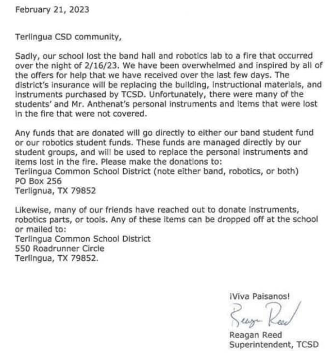 The tiny school district in Terlingua, TX lost its entire band hall and robotics team building in a fire a few days ago.

District's now raising money to cover the costs of the personal instruments and belongings lost in the fire. (Pics from Terlingua CSD)