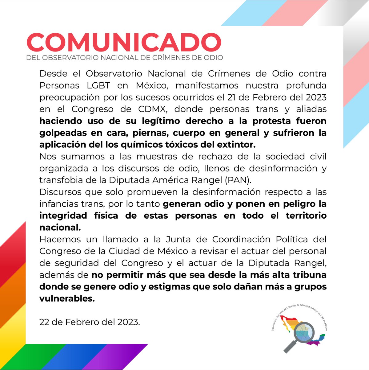 ObservatorioCr3's tweet photo. ❌ Comunicado del Observatorio Nacional de Crímenes de Odio Contra Personas LGBT en México, respecto a los actos de violencia contra personas trans y aliados en el Congreso de la Ciudad de México. 🏳️‍🌈🏳️‍⚧️ @Congreso_CdMex https://t.co/x0kxdj94Zp