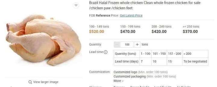 السعر للطن المجمد من الفراخ البرازيلي يتراوح بين 470 الي 520دولار؛ كلما زادت الكمية المطلوبة قل السعر يعني الفرخة وزن ١٢٠٠ جم سعرها 19.50جنيه، وطبعا لو المستورد خير مستوردين الارض ولهم إعفاءات كثيرة ضريبية وجمركية
نقدر نتخيل المكسب ونقدر نفهم سبب  عمل ازمة استيراد الاعلاف