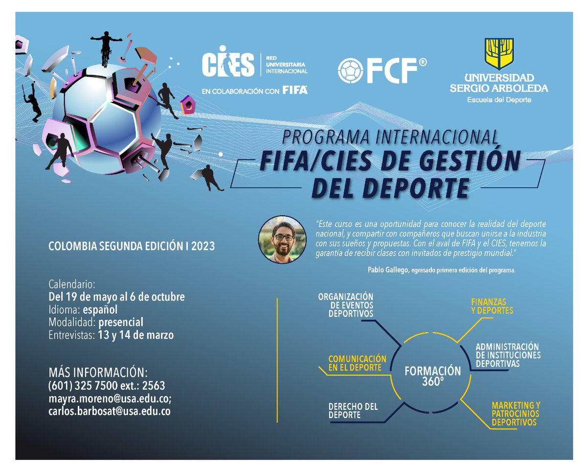 MiguelAcevedoR1's tweet photo. PROGRAMA INTERNACIONAL FIFA/CIES DE GESTIÓN DEL DEPORTE 📚
Inscripciones abiertas 📝
@FifaCiesUniNet
@FCFSeleccionCol
@USergioArboleda
#launiversidaddeldeporte https://t.co/SCAxDKgNjl