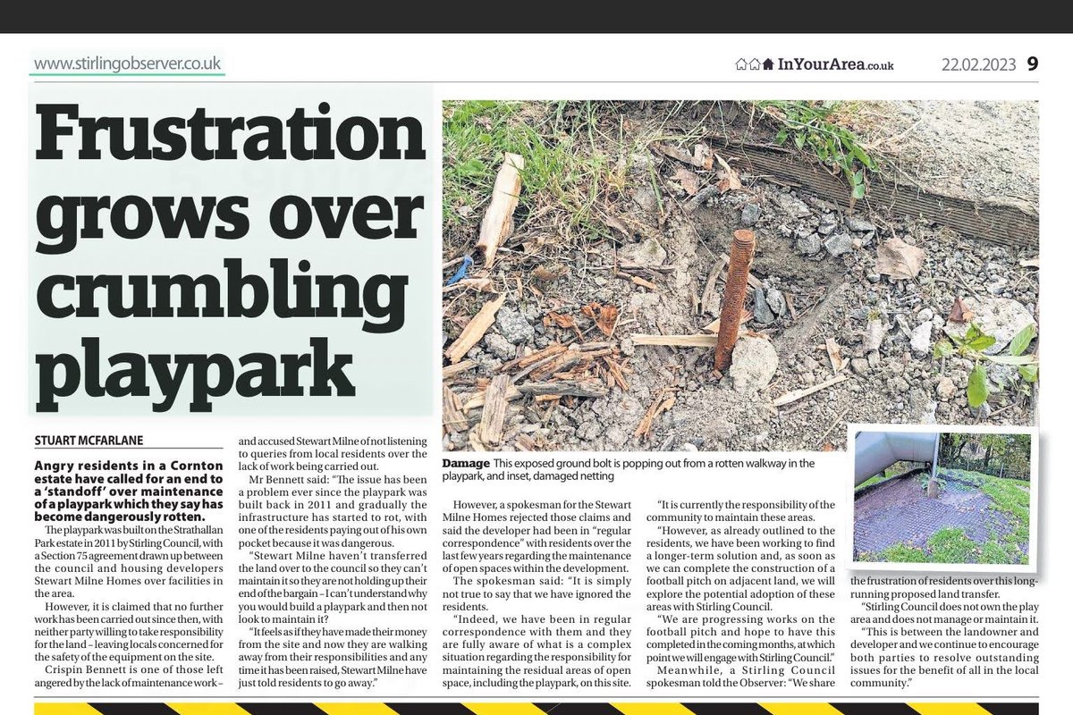 The Westhaugh playpark and football pitch were built in 2011 but no maintenance or safety checks have been performed since then. @SMilneHomes must transfer land to the council to enable this but they ignore council emails (and a legal agreement) @Daily_Record @StirObserver