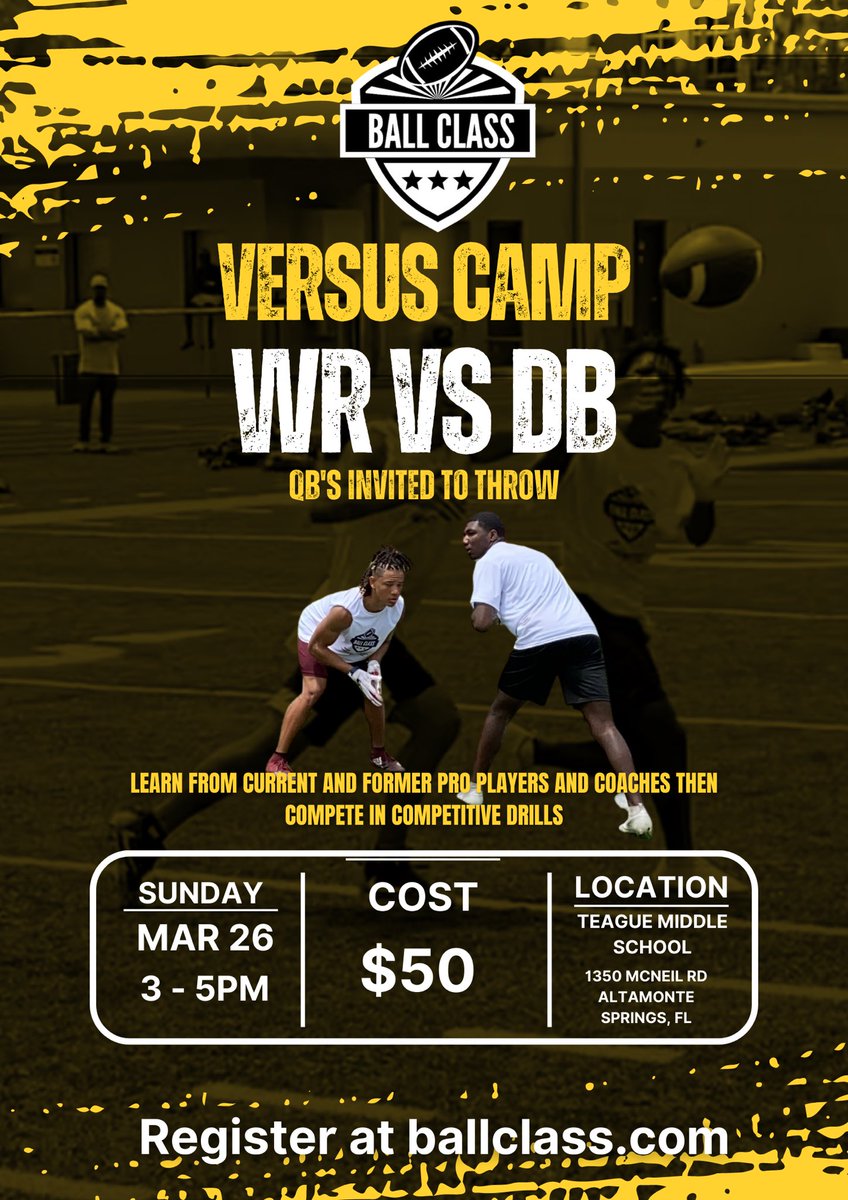 ballclass's tweet photo. 🚨WR vs DB Camp, March 26th🚨 Come fine tune or build your skills set with current pros. Register at https://t.co/PBTOSdW3dM #bcballersfl #WRcamp #dbcamp https://t.co/t3RTAhC4Dk