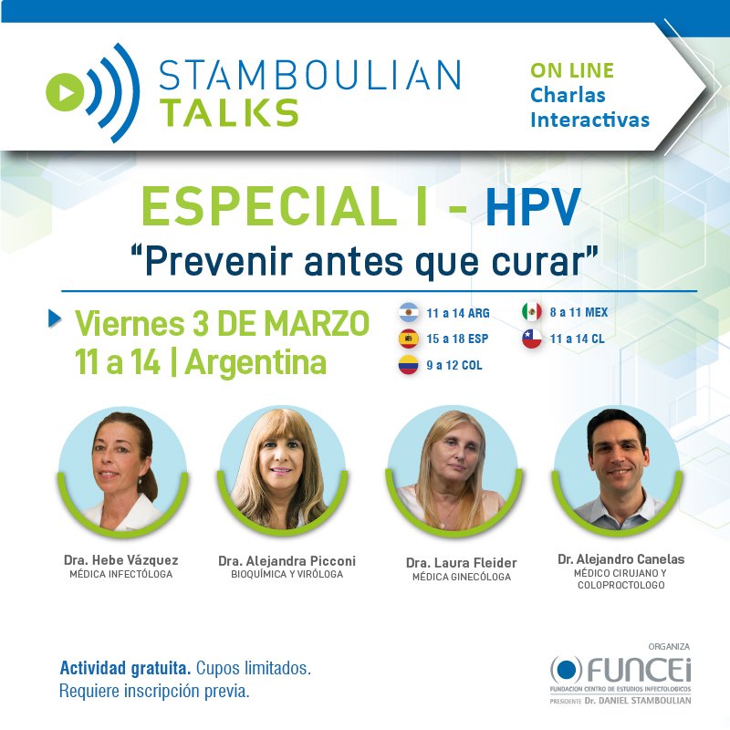 FundStamboulian's tweet photo. VUELVE #stambouliantalks Temporada 6 
El viernes 3/3 a partir de las 11 (BUE), contaremos con un panel de expertos para hablar sobre #HPV, #epidemiología, #prevención a través de #vacunas y #detecciónymanejodelesiones.
El evento es gratuito, inscripcióon: https://t.co/kosxKOgmfh https://t.co/NImcoLrrWy