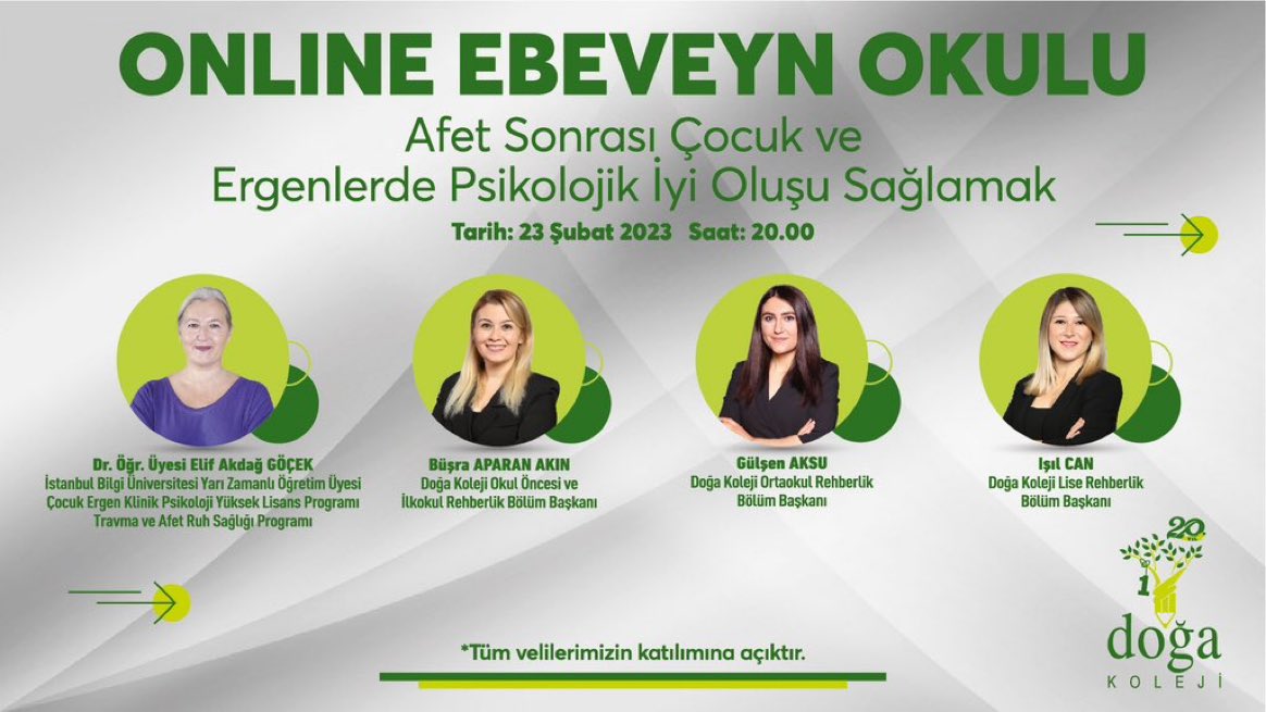 CekmekoyI's tweet photo. "Afet Sonrası Çocuk ve Ergenlerde Psikolojik İyi Oluşu Sağlamak" konulu Online Ebeveyn Okulu'nda İstanbul Bilgi Üniversitesi Dr. Öğr. Üyesi Elif Akdağ Göçek ile bir araya geliyoruz. Seminerimize tüm velilerimiz davetlidir.
🗓️23 Şubat 2023
⏰20.00 @peliNBym @GOKHANKNGR https://t.co/uTqXRv8nAP