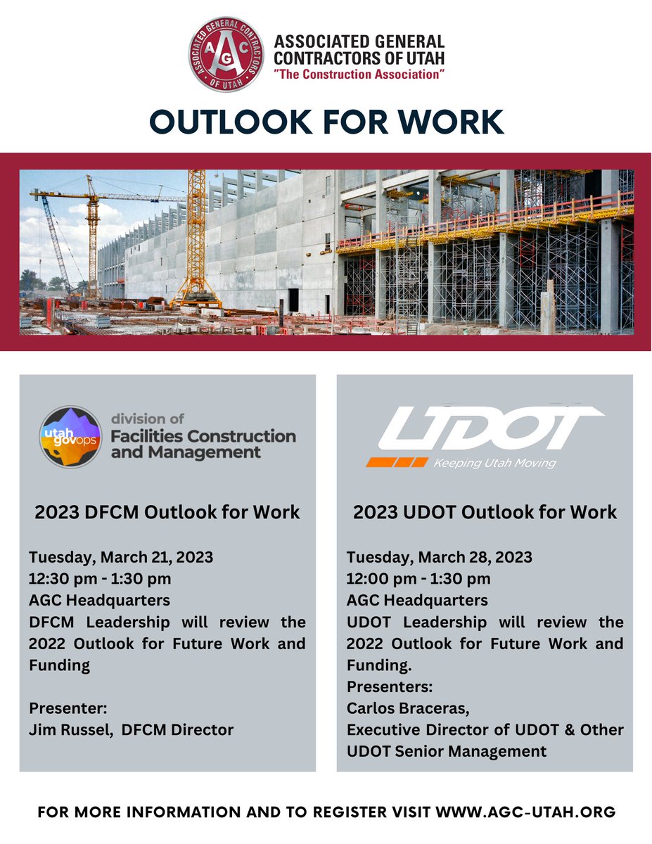 AGCofUtah's tweet image. Get the outlook from the experts! Meet with UDOT &amp;amp; DFCM at the Outlook for Work events. Register online at agc-utah.org
#dfcm #udot #lookforwork #utahwork #webuildutah