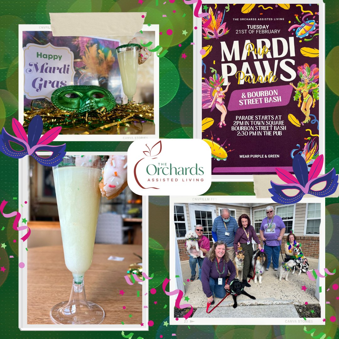 orchardsal's tweet image. The Orchards Assisted Living had a lively Mardi Gras festival! We enjoyed an adorable Mardi Paws Pup Parade and a delicious Fat Tuesday signature drink, a glazed donut cocktail. 🐶🍩

#TheOrchardsAssistedLiving #MardiGras #PupParade #Fun #Love