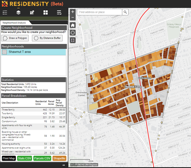 Data_Hopper's tweet image. @mhpdata released #Residensity last week (residensity.mhp.net). It quickly measures housing density and form of any location in MA. Here’s the density by Shawmut T (14.1 units/acre), where some in my neighborhood oppose an affordable development abutting the station. @DotGrow