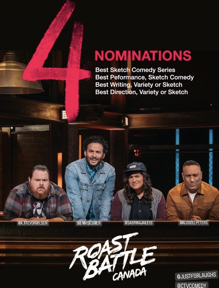 Huge congrats to my #RoastBattleCanada family for the 4 Canadian Screen Award nominations (including best sketch comedy series)

And extra congrats to my amazing writing team (aka the meanest people in Canada) <a href="/Aieeesha/">Aisha Brown</a> <a href="/_andrewjohnston/">Andrew Johnston</a> @jeffrothpan <a href="/robbmichaels/">Rob Michaels</a>

Bullying wins!