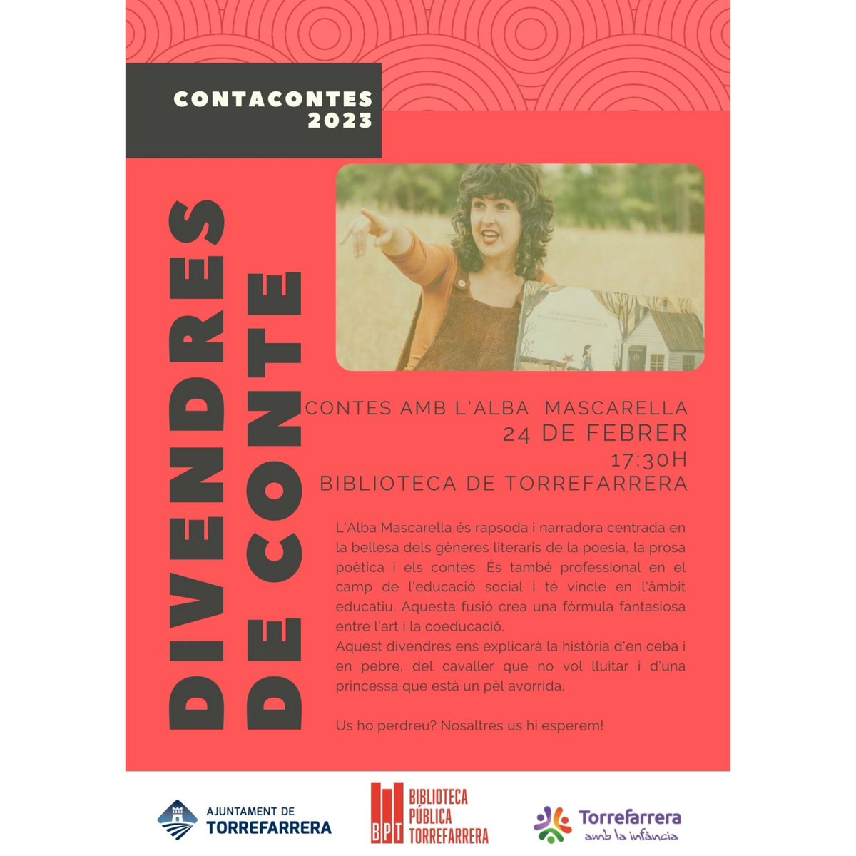 ‼️‼️Aquest divendres dia 24 de febrer a les 17.30h hora del conte amb  Alba Mascarella.

Ens explicarà la història d'en ceba i en pebre, del cavaller que no vol lluitar i d'una princesa que està un pèl avorrida. Us hi esperem! 🧅👑