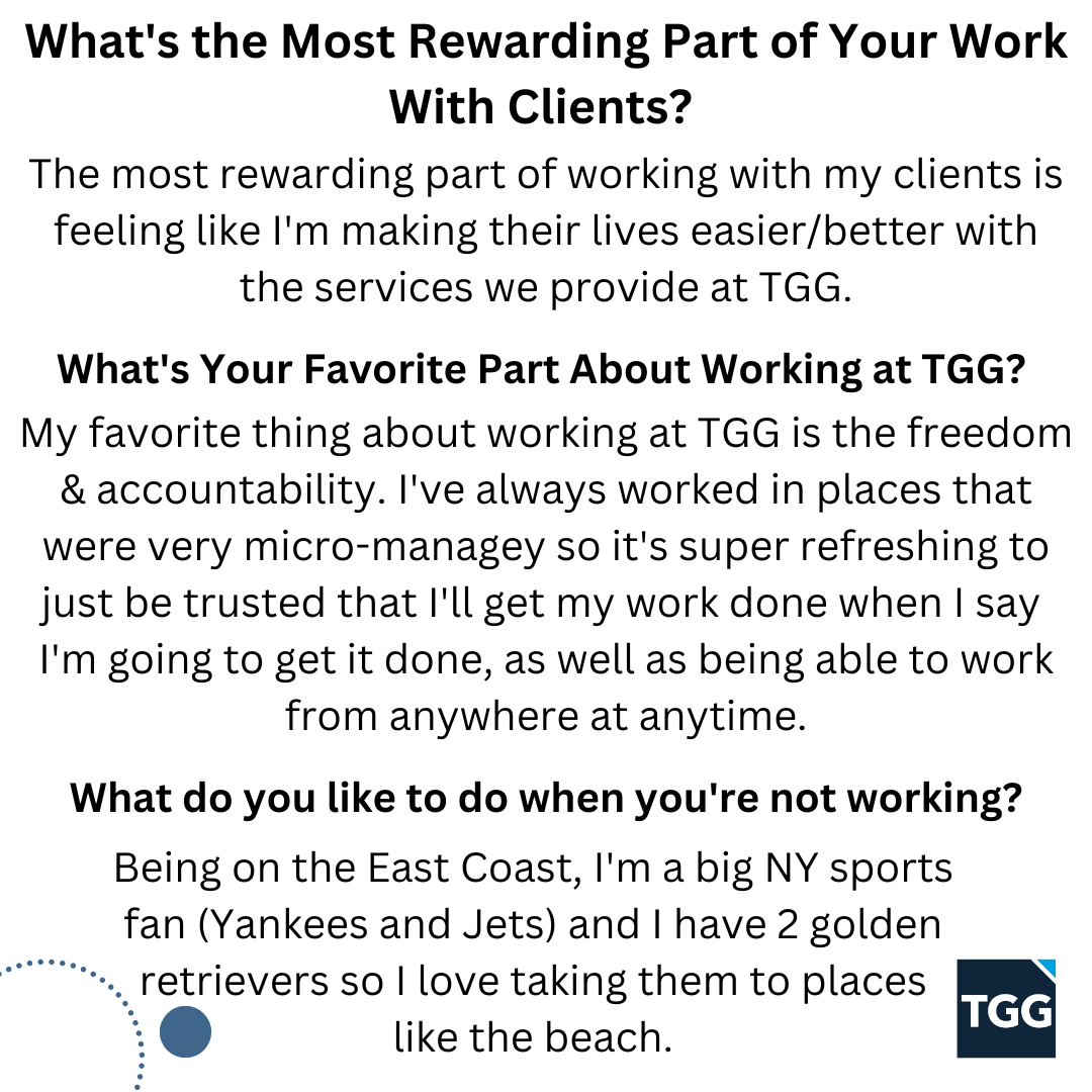 TGG's Monthly Staff Spotlight! Meet Emily Tolerico, a wonderful Staff Accountant from the East Coast. 

#monthlyspotlight #staffaccountant #accounting #newyork #TGG #finances #economy #tggteam