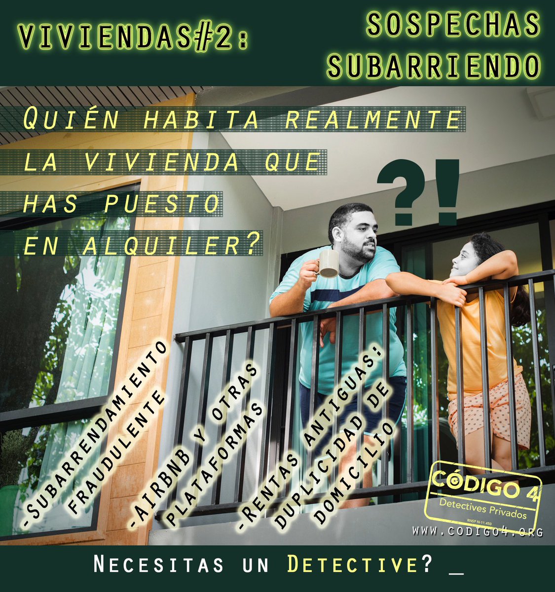 Motivos  para solicitar una rescisión del contrato o para pactar unas nuevas condiciones de alquiler. Contacta con nosotros:
👁️‍🗨️ info@codigo4.org

#vivienda #arrendamiento #investigación #alquilar #pruebas #domicilio #codigo4 #detective #subarriendo