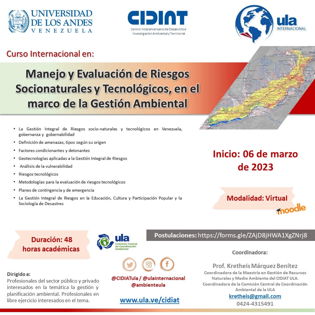 Los invitamos a participar en el Curso: Manejo y Evaluación de Riesgos Socionaturales y Tecnológicos, en el marco de la Gestión Ambiental

Postulaciones en: forms.gle/ZAjD8jHWA1XgZN…

<a href="/PrensaULA/">Noticias Prensa ULA Cuenta Oficial</a> <a href="/CDCHTA/">CDCHTA ULA</a> <a href="/IngenieriaULA/">Fac. Ingeniería ULA</a>