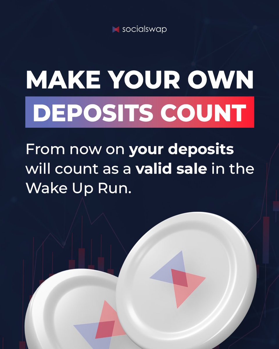 Socialswapdefi's tweet photo. HUGE NEWS - Own deposits count as valid sales for the #WakeUpRun! Make your deposit now and earn great rewards. https://t.co/v93GofRBGV