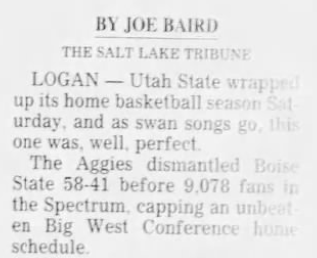 TheAggship's tweet photo. On this day in Utah State sports, 1997: Kevin Rice scores 19 points as Utah State rolls over Boise State, 58-41, to secure a perfect 8-0 home record in conference play https://t.co/r2Ox9jD17o