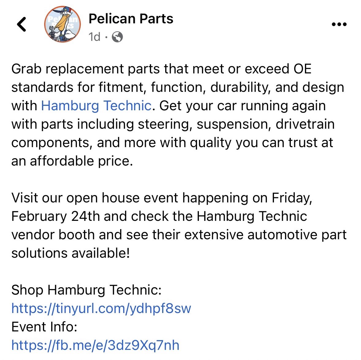 HambTech's tweet photo. Come see our booth at the Pelican Parts Open House 2/24/23
Displaying our premium quality Hamburg Technic - OE replacement parts for Porsche, BMW, Mercedes-Benz, Audi, VW & Etc!
Hamburg-Technic has been bringing quality to the aftermarket since 1998.
#HTParts @Pelican_Parts https://t.co/c35hh5cjry