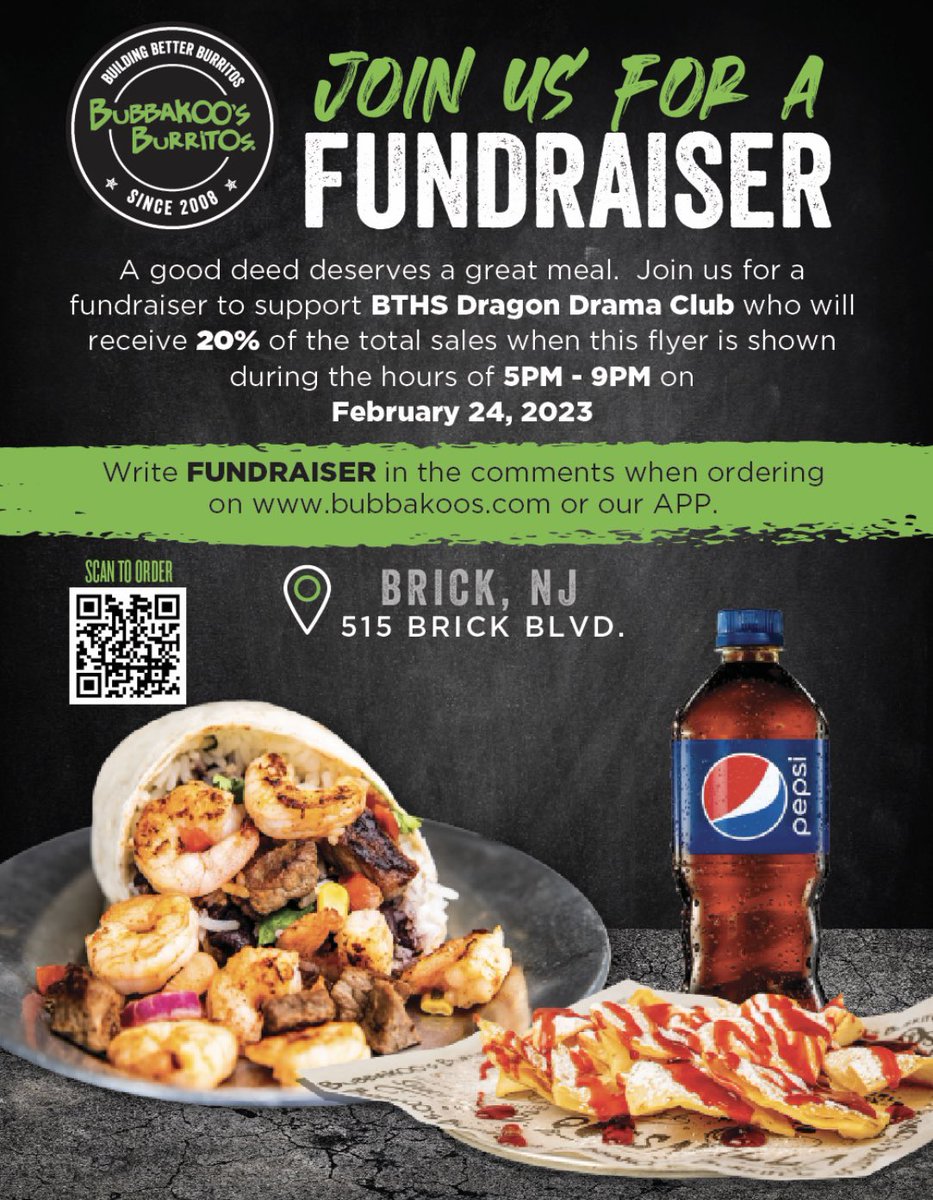 BUBBAKOOS FUNDRAISER THIS FRIDAY  February 24th from 5-9pm‼️ YOU MUST show this flyer when ordering! Get your tacos 🌮 🌯
