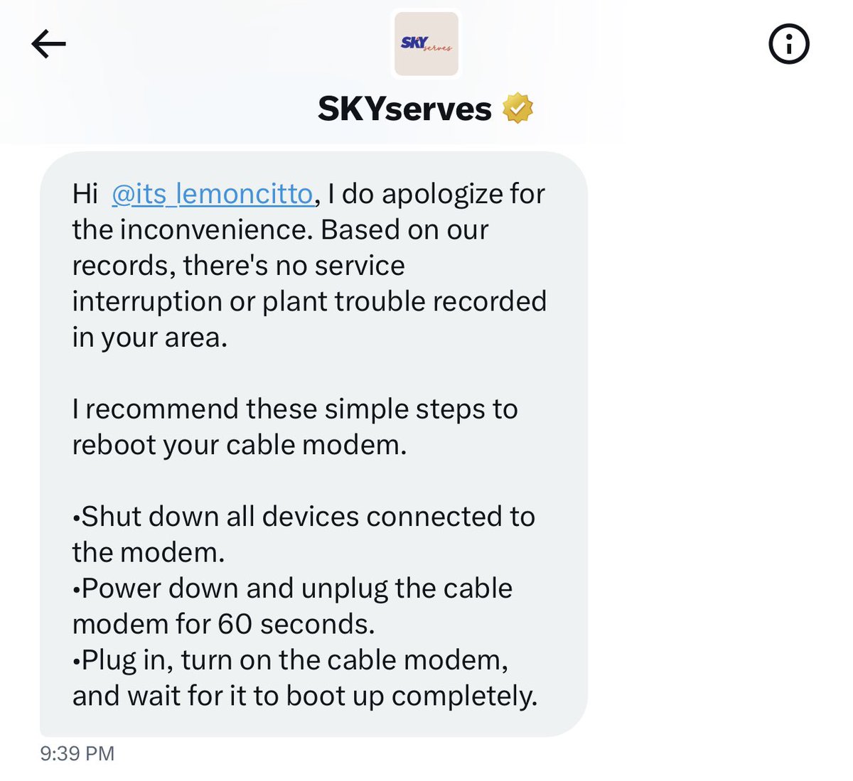 its_lemoncitto's tweet photo. @SKYserves are we just playing games? Reached out to your team as my internet service wasn’t working and was informed there are no service interruption known in my area. Then after an hour, biglang meron na? Wow! MAGIC! 😡 https://t.co/0LOfzk8Lw1