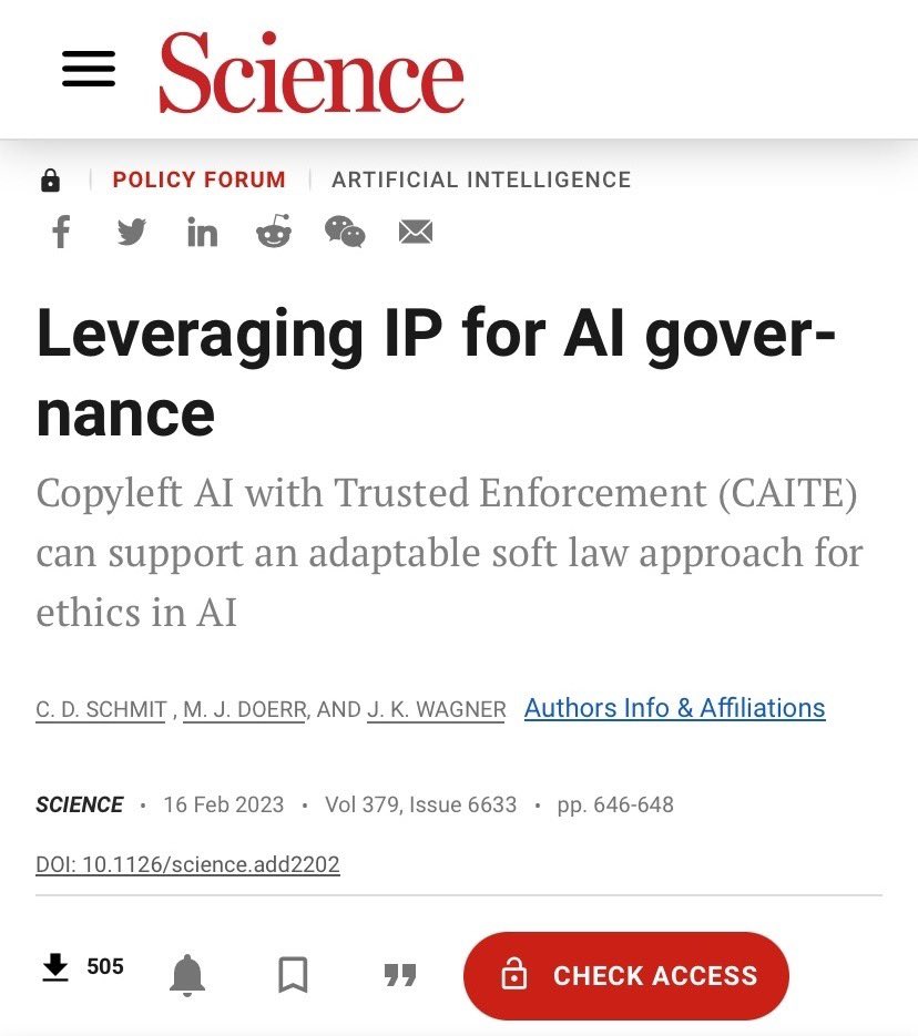 Dr. Wagner <a href="/DNAlawyer/">Jennifer K. Wagner</a>, LPE Assistant Professor at <a href="/PSUEngineering/">Penn State College of Engineering</a>, coauthored the article “Leveraging IP for #AI Governance” showing Copyleft AI with Trusted Enforcement (CAITE) can support an adaptable soft law approach for #ethics in AI <a href="/ScienceMagazine/">Science Magazine</a>! science.org/doi/10.1126/sc…