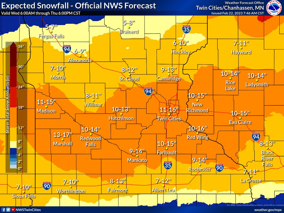 NWSTwinCities's tweet image. There seems to be some confusion this morning because the sun has come out. Does this mean all we got was a measly 3-5" and it's over?
Nope! As we've talked about for days, round 2 is on the way and it will pack a punch! Expect an ADDITONAL 10-15" by tomorrow morning. #mnwx #wiwx