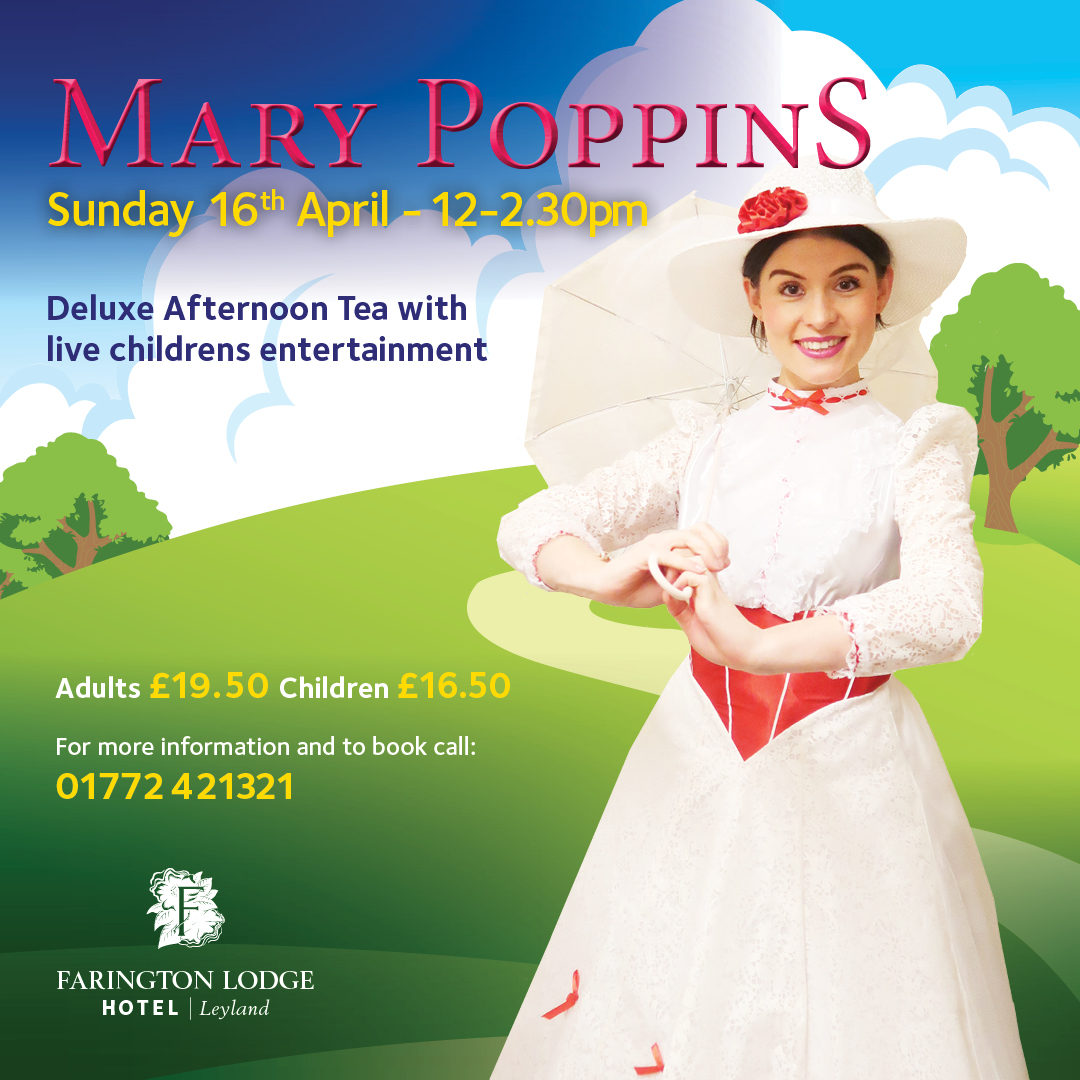 Deluxe Afternoon Tea with live children's entertainment from MARY POPPINS on Sunday 16th April from 12pm to 2.30pm

Adult: £19.50 per person
Children: £16.50 per child

🌂BOOK YOUR TICKETS HERE☂️:
classiclodges.co.uk/farington-lodg…

#MaryPoppins #LiveEntertainment #Lancashire
