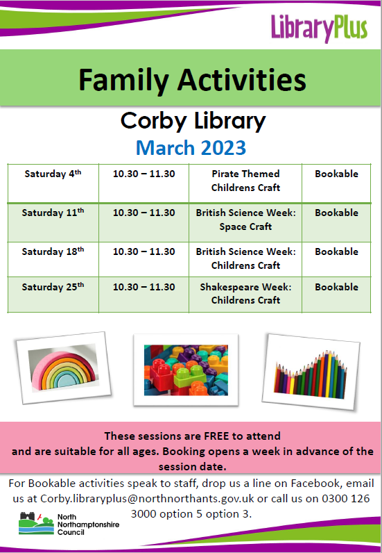 There are lots of exciting, free, family activities taking place during March at Corby Library.  Why not pop along and join in?