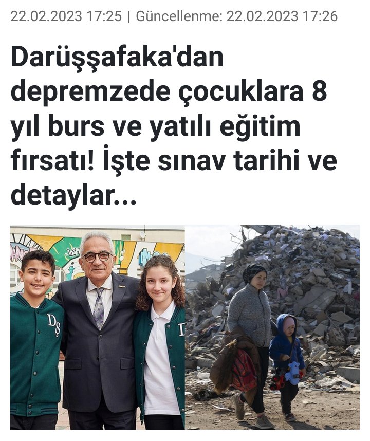 💠BURS
Darüşşafaka depremzede çocuklara 
8 yıl burs verecek
İş Bankası da Darüşşafaka‘yı destekliyor.
Önümüzdeki günlerde sınav olacak lütfen kaçırmasınlar.
Baraj olmayacak,
Üniversitede de kol kanat gerecek Darüşşafaka.
Karar bugün çıktı.
Lütfen yayın birinci elden bilgidir
👇👇