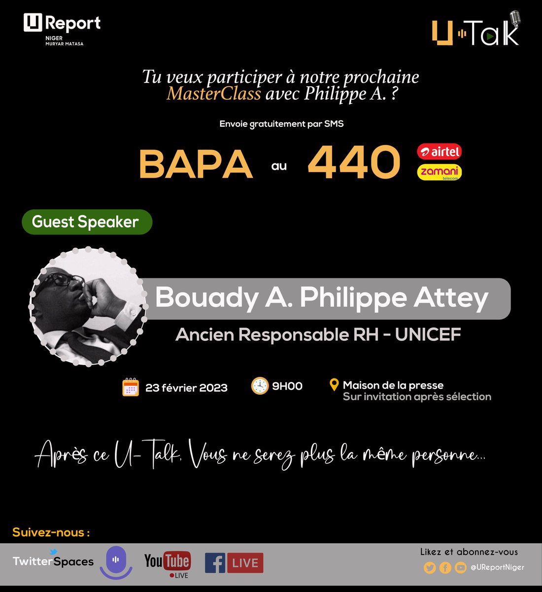 UReportNiger's tweet photo. #UTalk 🎙🎙📹
Le tableau est dévoilé, the HR c’est Philippe.👨💼
Riche de plus de 15 années d’expériences pour des entreprises à travers le monde. 🧠
Pour tenter de l’écouter en présentiel, envoie BAPA au 440 par SMS, free.
⚠️La session se tiendra à Niamey.
🏋️🏋️♀️
#TheHR https://t.co/Ipq9uE0UAd
