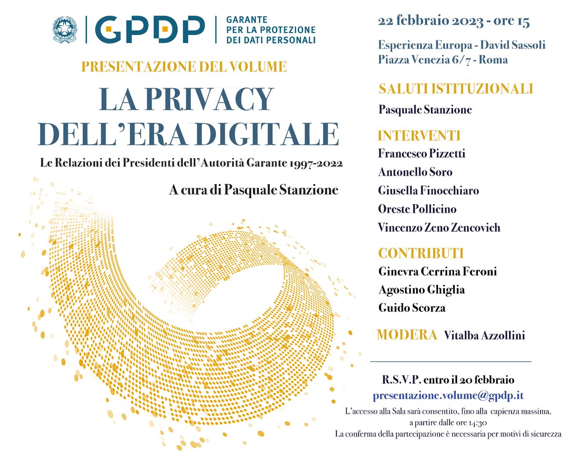 #OnAir presentazione del volume 'La #Privacy dell'era #digitale. Le Relazioni dei Presidenti del #GarantePrivacy 1997-2022'. 
Streaming 👉garanteprivacy.it/home/docweb/-/…
Con i vari presidenti del @GPDP_IT e la moderazione di @vitalbaa