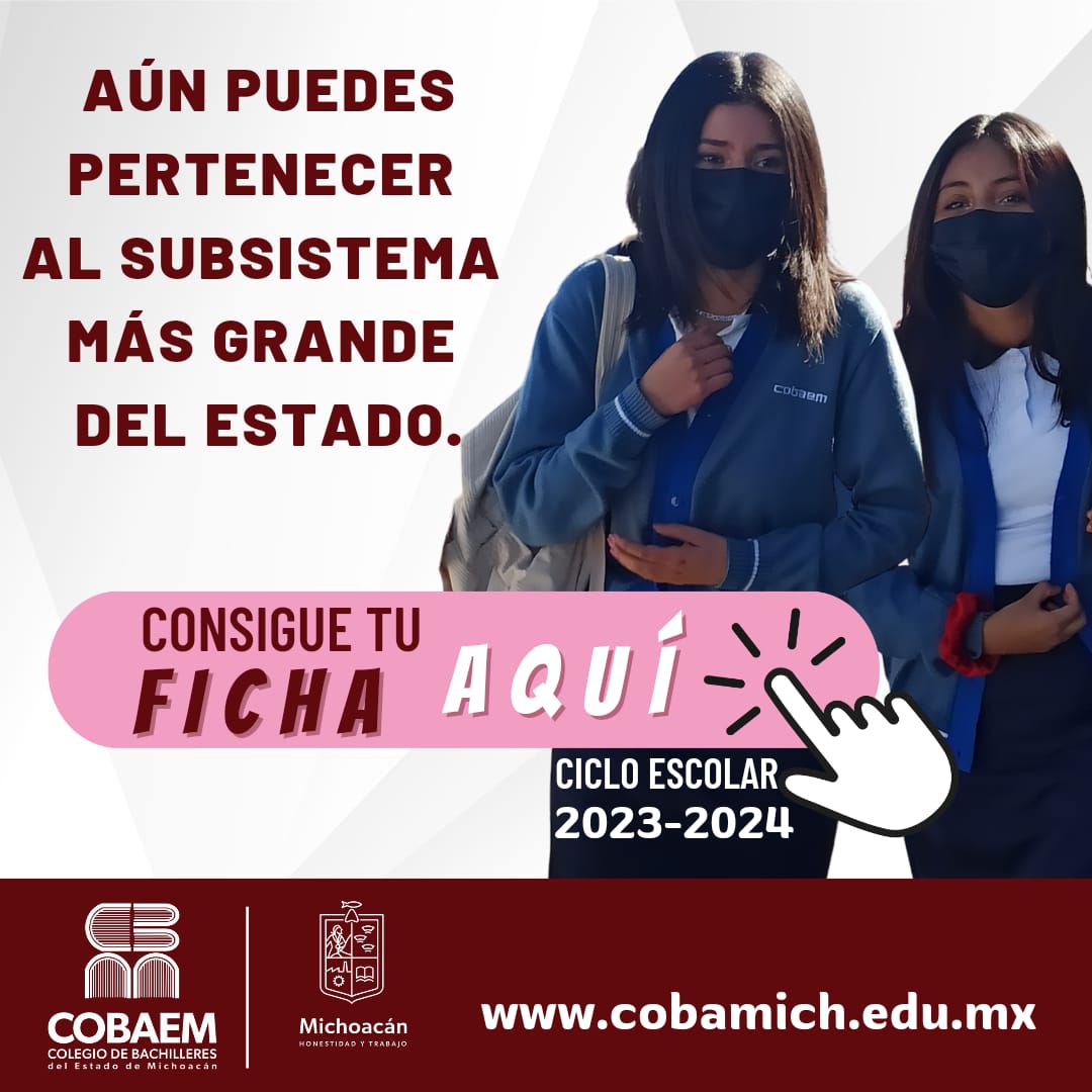 COBAEMICH's tweet photo. 5 de cada 10 jóvenes que cursan su educación media superior lo hacen en el colegio de bachilleres del estado de Michoacán, todavía estas a tiempo de formar parte del Cobaem.
Ingresa a https://t.co/Ry3H4YxHAT  y genera tu ficha de preinscripción.
#SoyBachi
#HonestidadyTrabajo https://t.co/EzT8kWHDIM