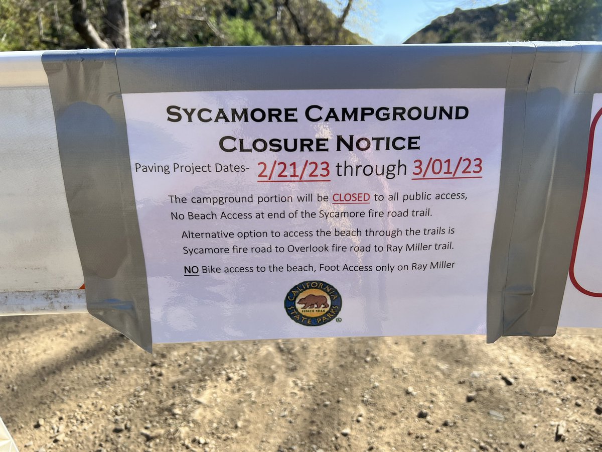 TrentSiggard's tweet photo. Heads up to bikers who ride Sycamore Canyon! The main road won’t continue to the beach during this Campground closure- there’s no (legal) way for bikes to get to/from PCH and into the canyon.   Reopens March 1st! https://t.co/lDWTEMrIB1