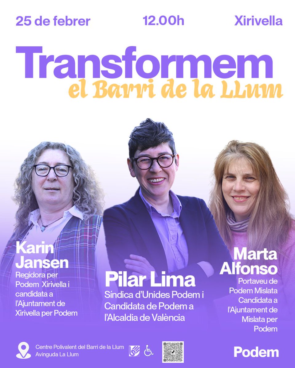 podemxirivella's tweet image. 📣Aquest dissabte 25 de febrer, a les 12:00, la ruta #Transformem farà parada al Barri de la Llum per a seguir dibuixant amb tu el Barri i la ciutat que volem💜

🗣Amb Pilar Lima, Karin Jansen i Marta Alfonso; candidates a l'alcadia de València, Xirivella i Mislata.
