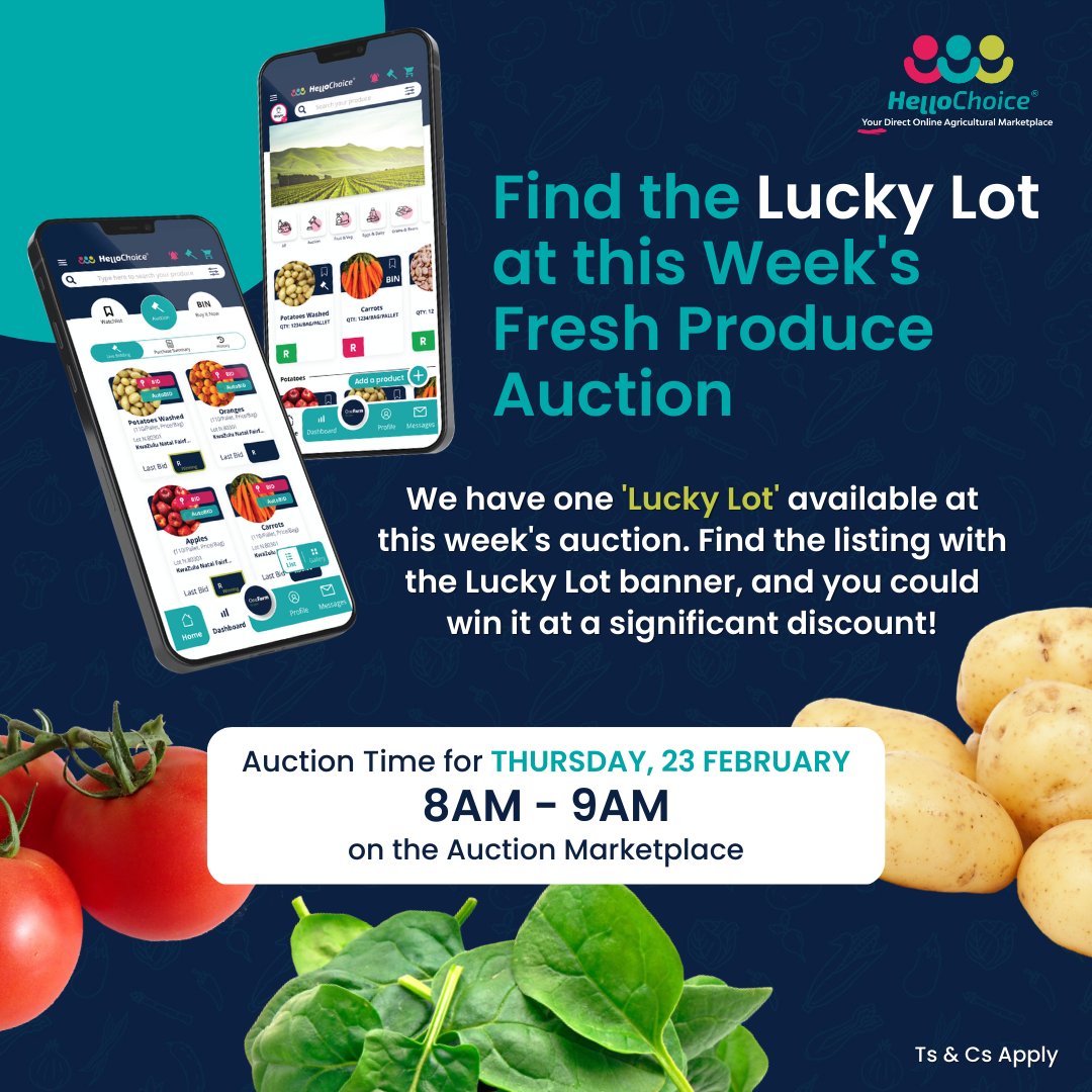 We're running another Lucky Lot during our Fresh Produce auction tomorrow morning!

Log in, join the auction, find the Lucky Lot with the banner, and place your bid to potentially win it at a significantly discounted rate🥕🥔🍅

#hellochoice #onlineauction #freshproduce