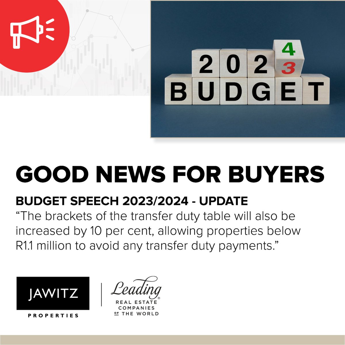 JawitzProp's tweet photo. GOOD NEWS FOR HOME BUYERS ๐๐๐
Budget Speech 2023/24 Update
#Jawitz #RealLifeRealEstate #BudgetSpeech2023 https://t.co/iGf1B5MNx9
