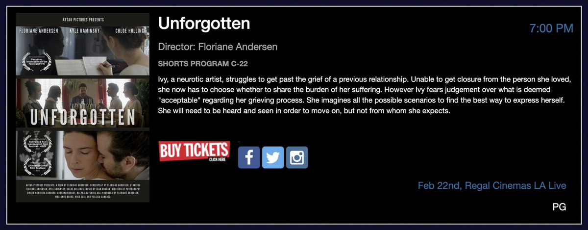 “Unforgotten” will be screening this Wednesday Feb 22nd at 7pm at <a href="/regallalive/">Regal L.A. LIVE</a> in Downtown LA for the Hollywood Reel Independent Film Festival 
Tickets here: eventbrite.com/e/538240831817