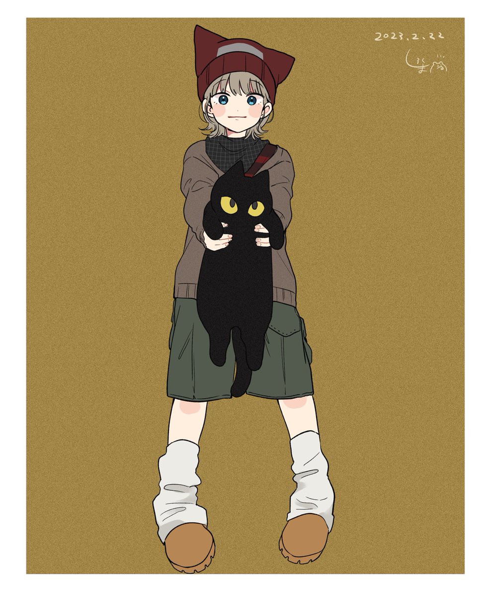 1girl holding animal holding cat cat black cat holding hat  illustration images