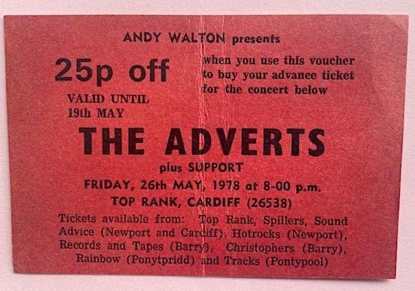 The Adverts at the Top Rank Suite, 26th May 1978

This isn't actually a ticket it's a voucher for 25p off a ticket

#theadverts #toprank #cardiff #wales #caerdydd #cymru #cardiffmusichistory