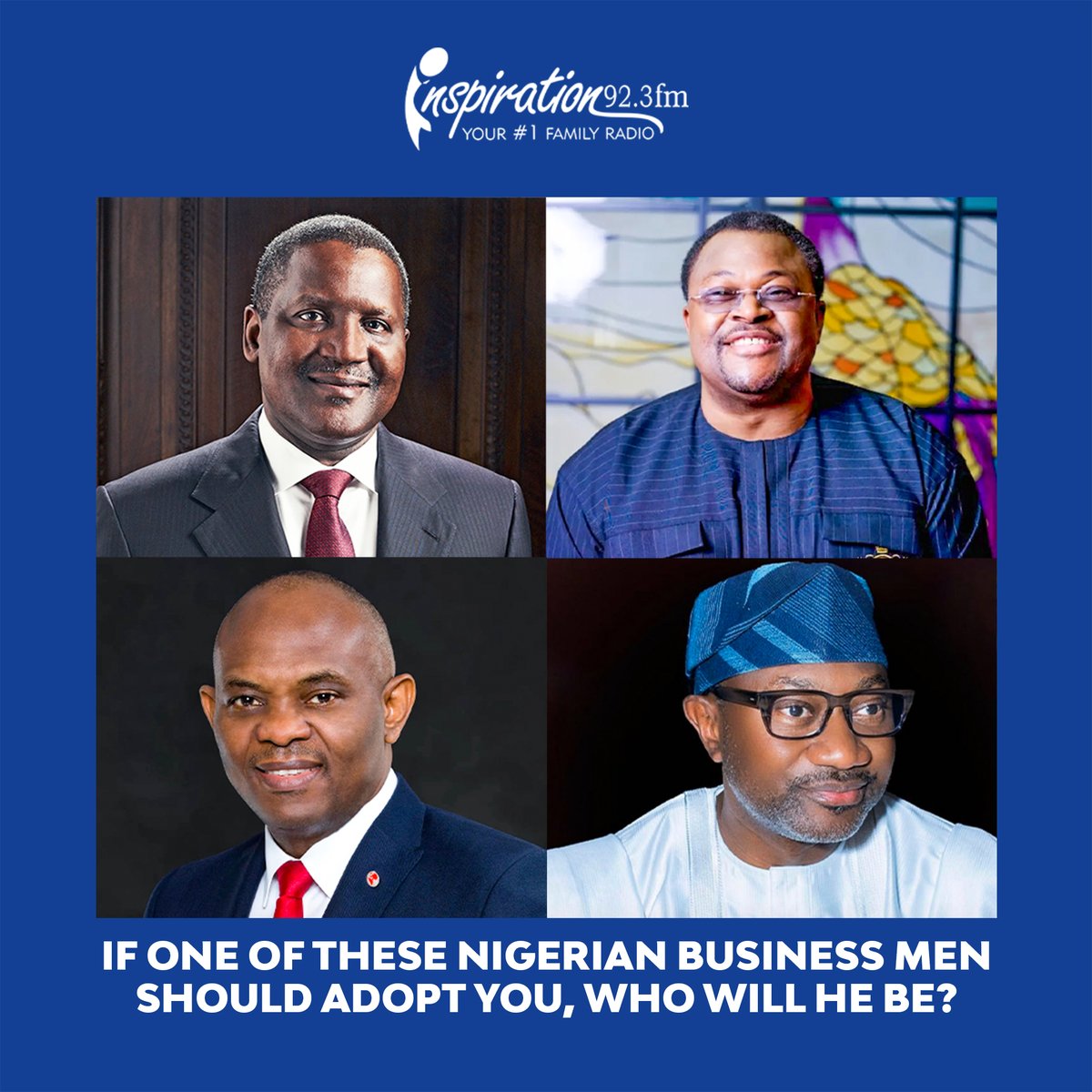 IFM923's tweet photo. Who are you going home with?
Tell us in the comments ...
#alikodangote #femiotedola #mikeadenuga #tonyelumelu #tonuelumelufoundation #mikeadenugacentre #businessmen #money #nigerianmen #peopleofinfluence #moneyrules #entrepreneur #question #yourno1familyradio https://t.co/5J3AGKFTIT