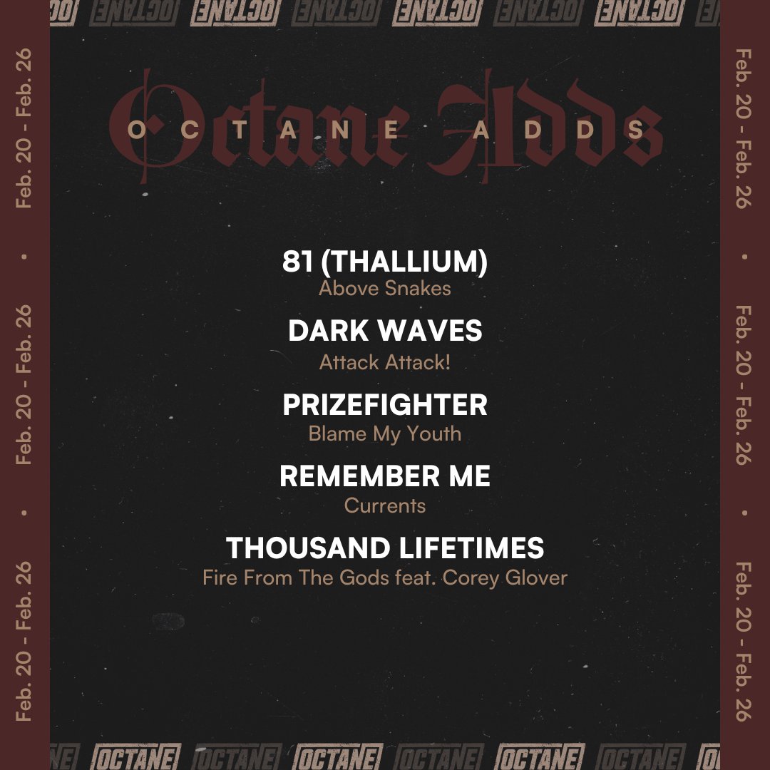 SiriusXMOctane's tweet image. Tons of new adds this week including the entire #TestDrive with @Abovesnakesband, @firefromthegods, and @BlameMyYouth plus new music by @AttackAttackUS and @CurrentsCT.