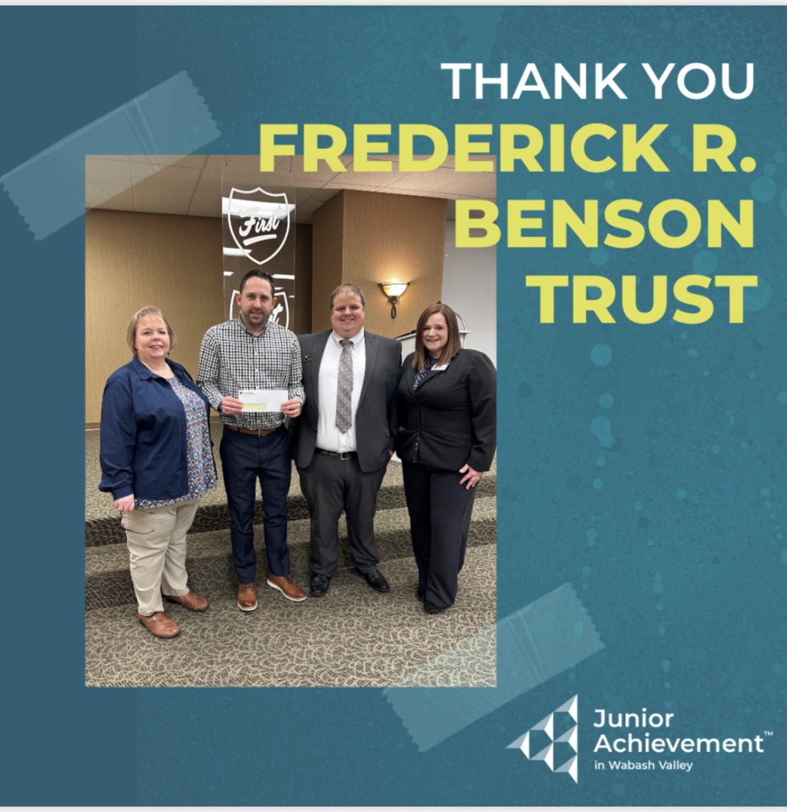 JAWabashValley's tweet photo. Thank you to the Frederick R. Benson Trust for granting $500 to Junior Achievement in Wabash Valley! With this gift, we will be able to provide our critical financial literacy programs to 20 students in the Wabash Valley! Check out our Facebook to read more! https://t.co/TllwUSVFeI