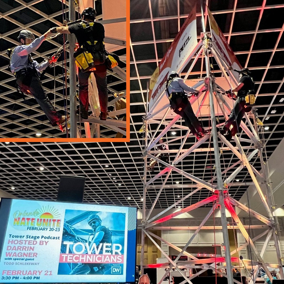 NATEsafety's tweet photo. NATE President &amp; CEO Todd Schlekeway met on the Tower Structure in the #NATEUNITE2023 Exhibit Hall and recorded an episode of the Tower Technicians podcast with Darrin Wagner and Broc Englund on 2/21/23. Watch for the episode dropping soon. #NU23 #towertechnicianspodcast https://t.co/qHJ6wZyRFx