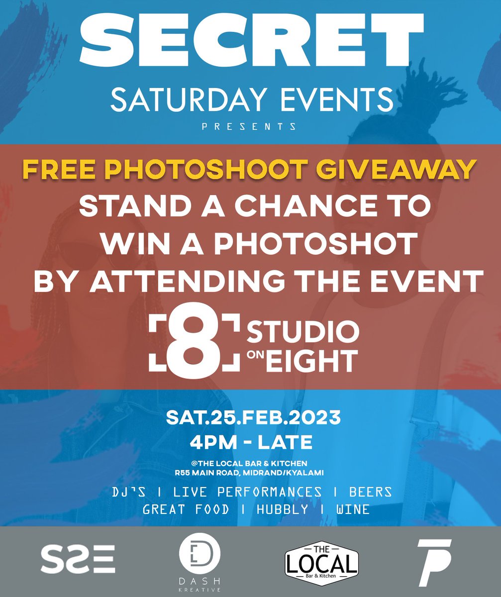 EventsSaturday's tweet photo. Our friends StudioOnEight(@huli_roma) are gonna bless one lucky person with a free photoshoot this weekend📸
Dont be shy, come show some face.The secret is out!
#SecretSaturday #Events #lounge #Party #festival #chillaz #sandton #midrand #photography #canon https://t.co/k3xM7TypSa