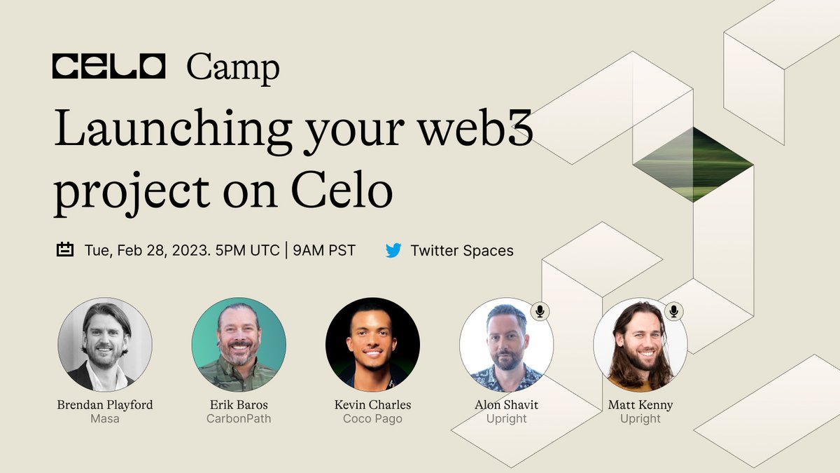 🗓️ Feb. 28 at 12 PM EST!

Join <a href="/uprightventures/">Upright</a> and Celo Camp alumni <a href="/CarbonPath_io/">CarbonPath</a>, <a href="/getmasafi/">Masa</a> and @CocoPagos on @celoorg's Twitter spaces! Learn about their #CeloCamp journey and building an impactful web3 project on Celo!

Join here: 
➡️x.com/i/spaces/1ypKd…