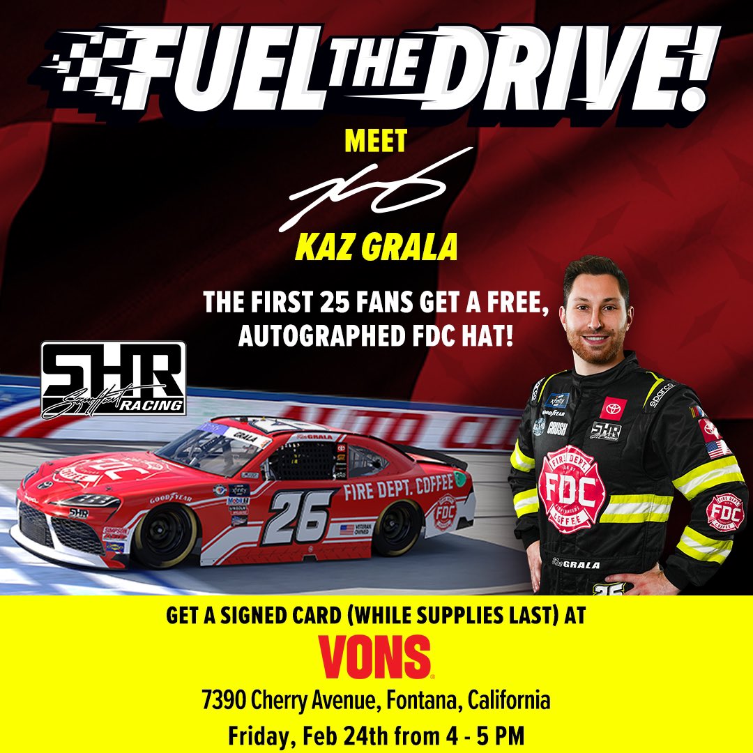 SamHuntRacing's tweet photo. 🚨 Meet @KazGrala this Friday 🚨

Kaz &amp; @firedeptcoffee will be set up at Vons with limited edition swag items for the first 25 fans in line. Swing by, say hi, &amp; get some hero cards!

Don’t forget your FDC coffee on the way out ☕️

#FireDeptCoffee | #TeamToyota | #PAG300 https://t.co/dOm3xqwI8b