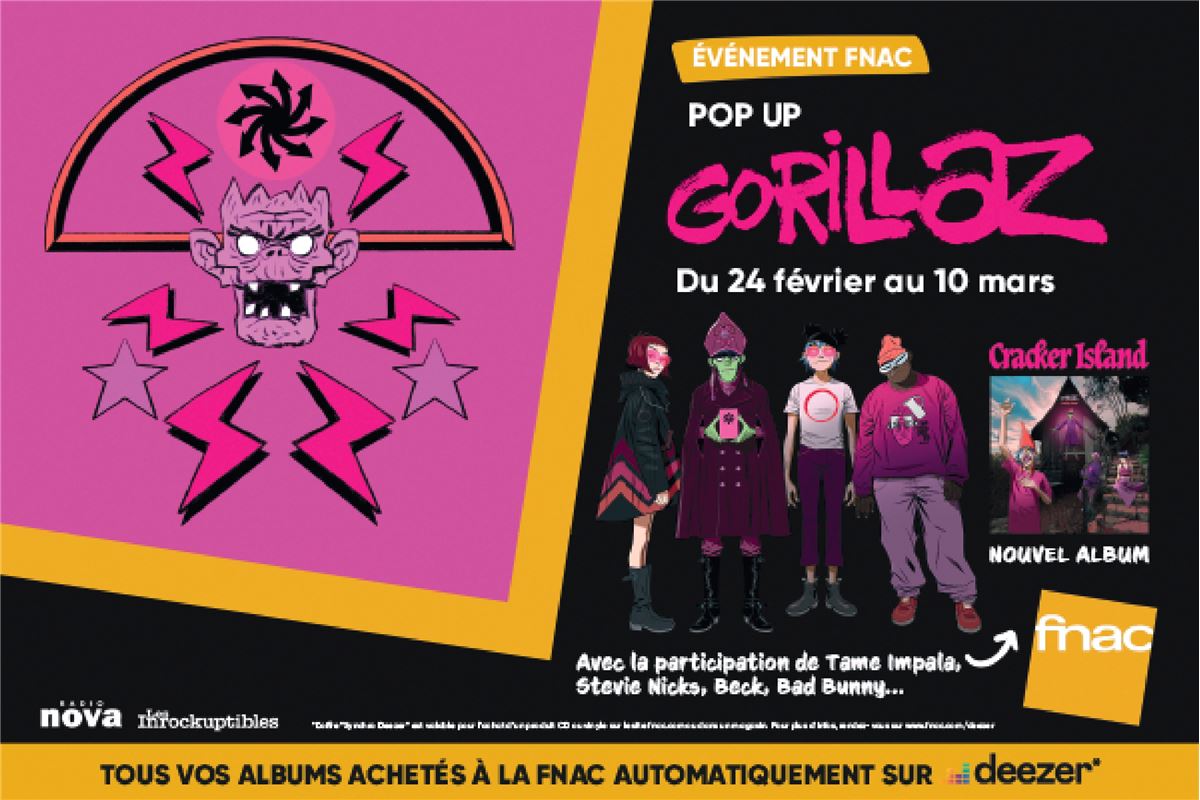 GroupeFnacDarty's tweet photo. 📣 Avis aux fans de #gorillaz 

À l'occasion de la sortie de l’album ‘‘Cracker Island’’ 

📍@Fnac des Ternes le 27/02 à 18h : rencontre avec les fondateurs du groupe @Damonalbarn et @JamieHewlett

📍@Fnac Montparnasse du 24/02 au 10/03 : un pop-up inédit 

https://t.co/BXLbf4Cj9a https://t.co/gNdhCMnHzd