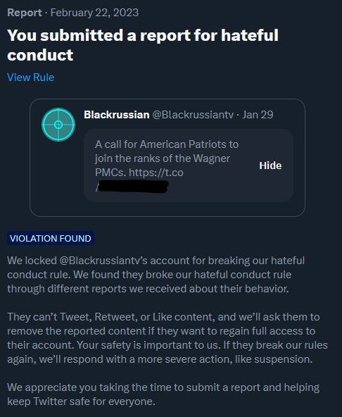 Guruthos42's tweet photo. Nothing to see here... just a month of inaction on a recruitment ad for joining a transnational criminal organization.
@TwitterSafety @TwitterSupport #ModerationFail #WagnerGroup https://t.co/VmTP36FxFY