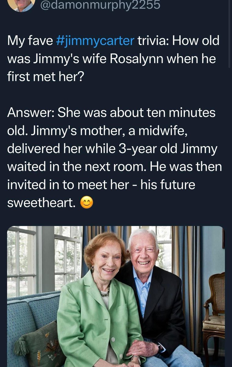 I saw this yesterday and though I’d share ~~~ they’ve known one another their entire lives ♥️
#JimmyCarter #RosalynnCarter #triviaoftheday