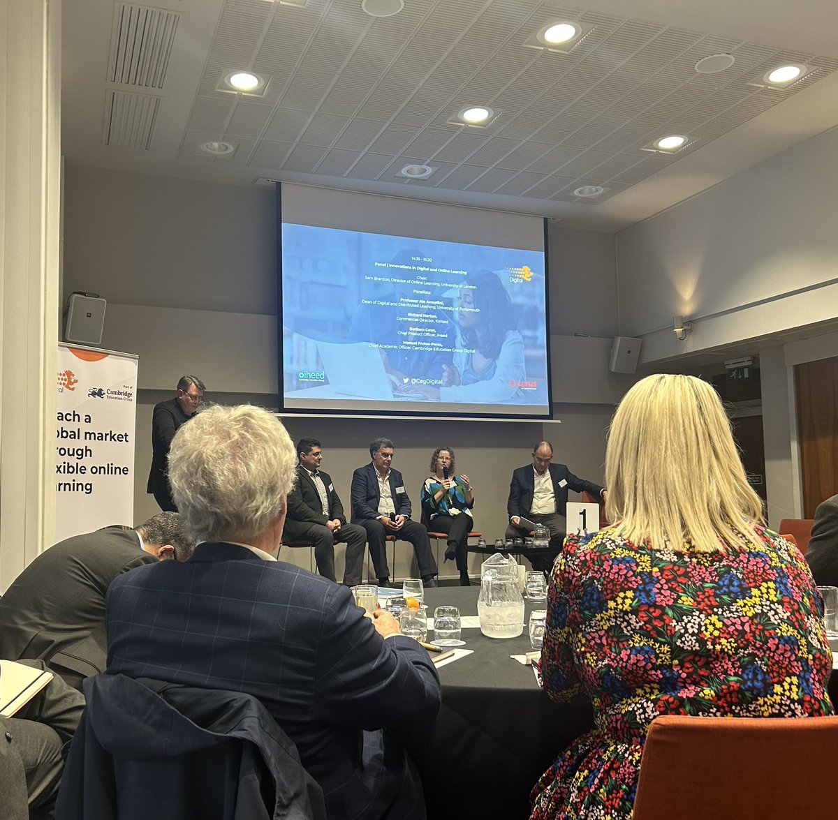 CegDigital's tweet image. Panel discussing Innovations in Digital and Online Learning chaired by @sjbrenton. Context v Content as king? #onlinelearning
