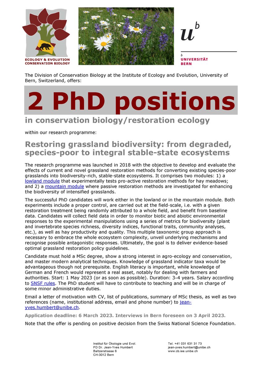 Two #PhD positions likely soonish available in our research group in conservation biology at <a href="/unibern/">Universität Bern</a>, Switzerland. #Grassland restoration. Spread widely and apply! #biodiversity #conservation <a href="/biodiversityCH/">Forum Biodiversität Schweiz</a> <a href="/ConBiology/">Conservation Biology</a> <a href="/ConservEvidence/">Conservation Evidence</a> <a href="/Society4ConBio/">SCB</a> <a href="/OFBiodiversite/">Office français de la biodiversité</a>